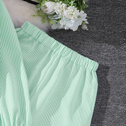 Spring Hot Sale Kids Outfit 4-12 Years Girls Striped Long Sleeve Chemise + Casual Loose Straight Leg Pants Shirt Suit 2Pcs Set