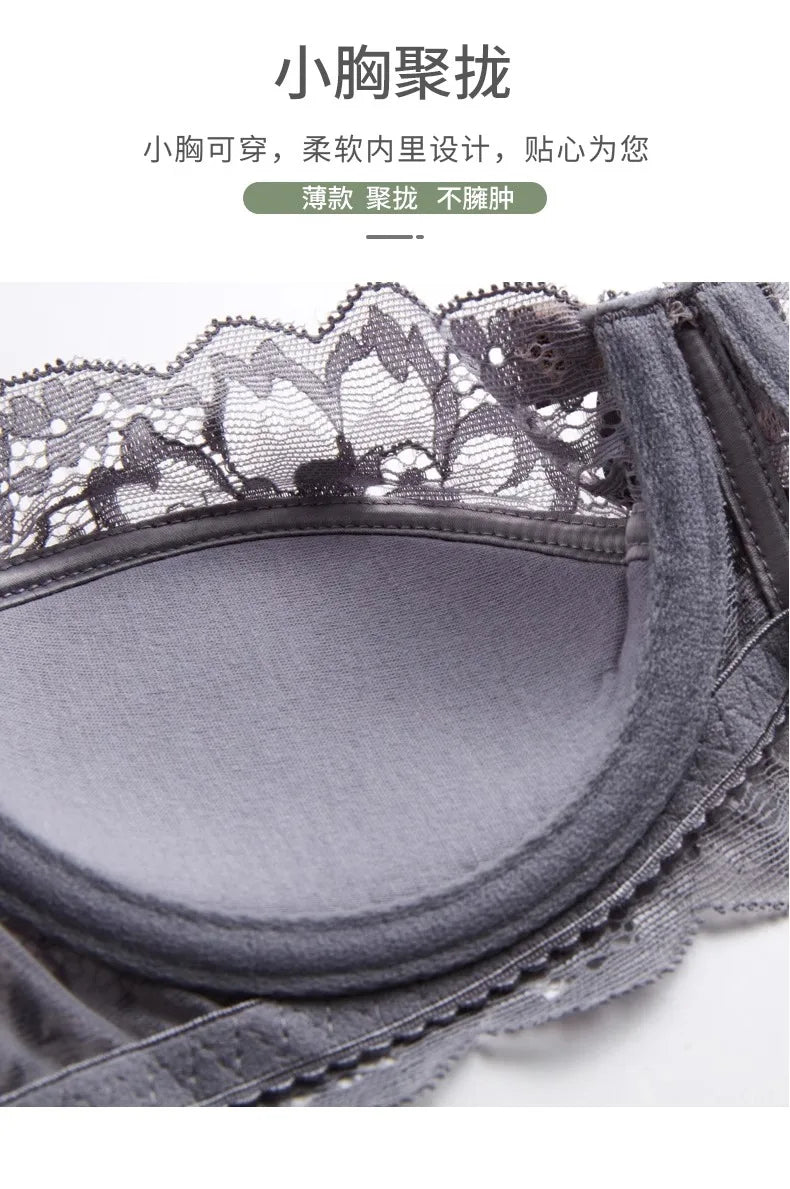 French Coquette Lace Bra Set Bow Straps Minimizer Large Bust Sheer Half Cup Balconette Push Up No Spill Underwire Sexy Lingerie.