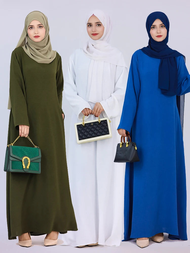 Ramadan Eid Solid Linen Dubai Abaya Turkey Islam Muslim Modest Dress Kaftan Prayer Clothes For Women Kebaya Robe Femme Musulmane.