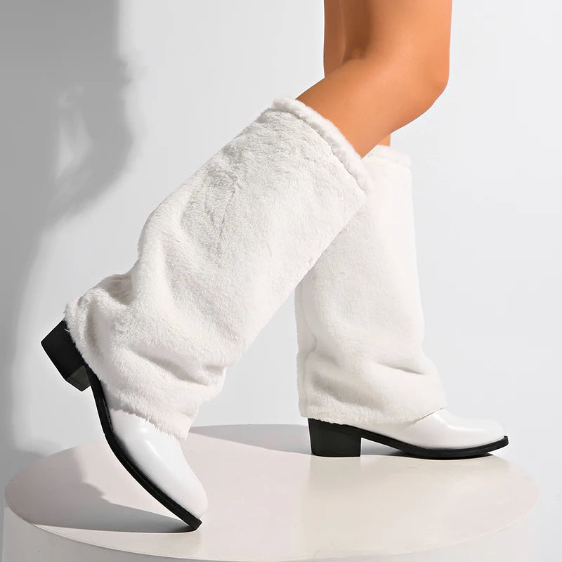 Luxury White Faux Wool Knee High Boots Women Winter Soft Plush Straight Tube Boots Woman Fashion Slip On Block Heel Long Botas.