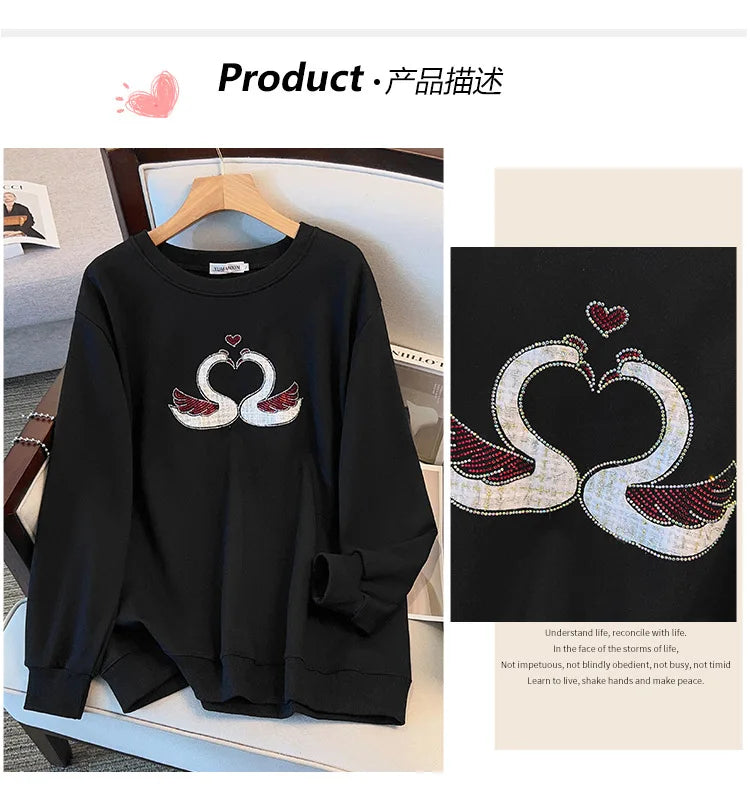 175 kg Übergröße Damen Büste 170 Herbst Lose Rundhals Langarm Diamant Schwan Sweatshirt Schwarz Weiß 5XL 6XL 7XL 8XL 9XL.