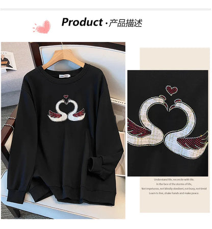 175 kg Übergröße Damen Büste 170 Herbst Lose Rundhals Langarm Diamant Schwan Sweatshirt Schwarz Weiß 5XL 6XL 7XL 8XL 9XL.