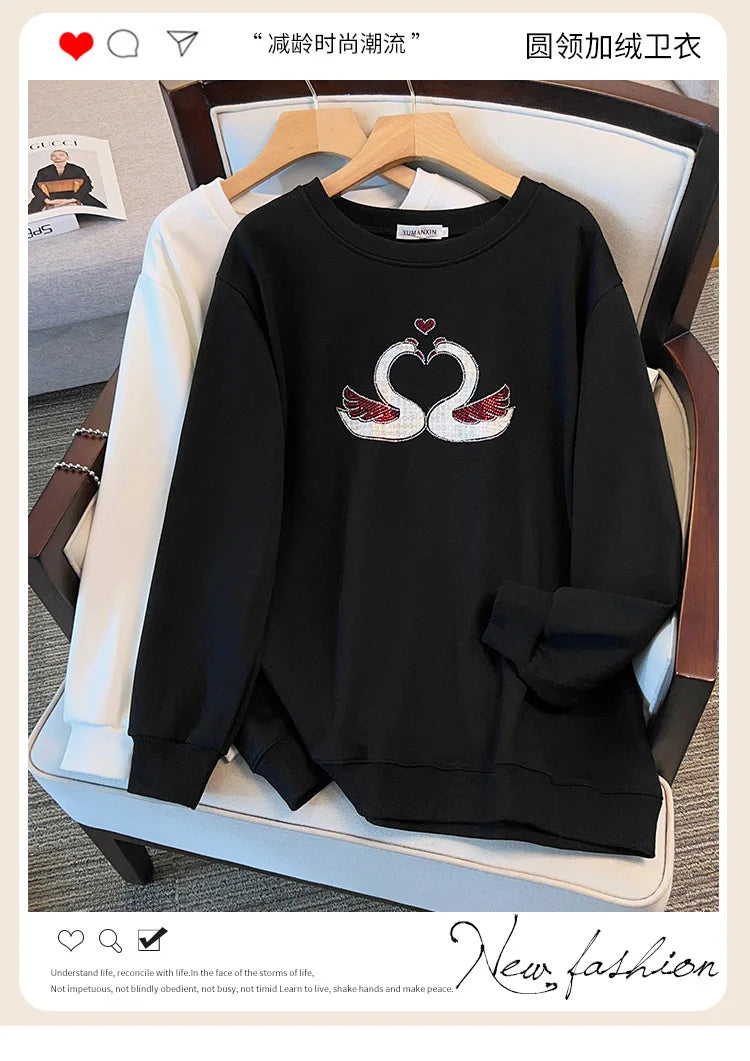 175 kg Übergröße Damen Büste 170 Herbst Lose Rundhals Langarm Diamant Schwan Sweatshirt Schwarz Weiß 5XL 6XL 7XL 8XL 9XL.