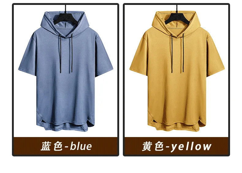 2025 Men's Summer Hoodies T-shirts Short Sleeve Solid Color Loose Hooded Drawstring Pullover Tops Basic Tees for Daily Wear Male.