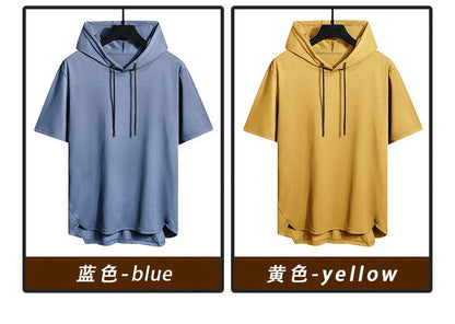 2025 Men's Summer Hoodies T-shirts Short Sleeve Solid Color Loose Hooded Drawstring Pullover Tops Basic Tees for Daily Wear Male.