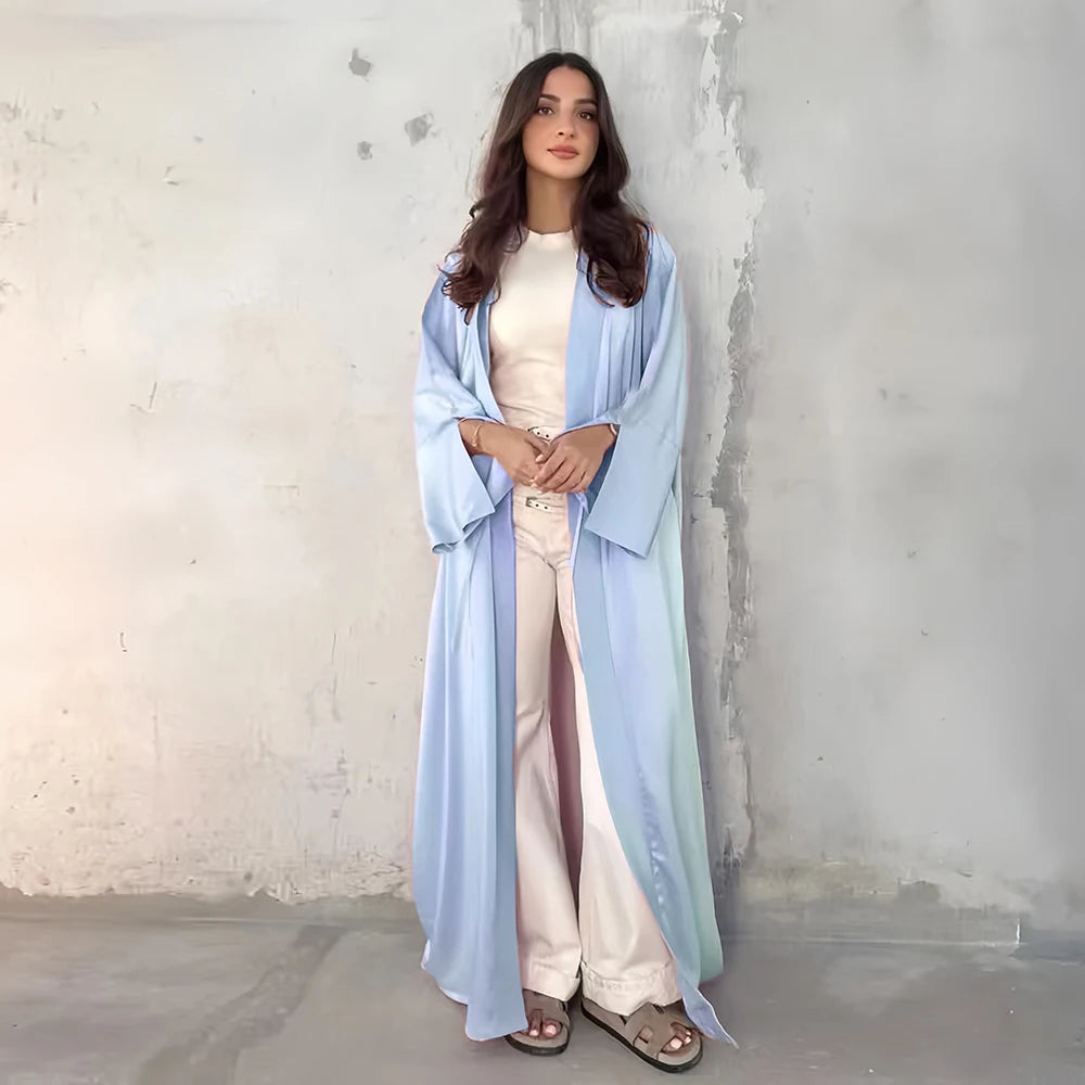 Girl Muslim Palestine Kaftan Dress Open Satin Kimono Pink Abaya Women Dubai Clothing Kebaya Robe Caftan Marocain Femme Musulmane.