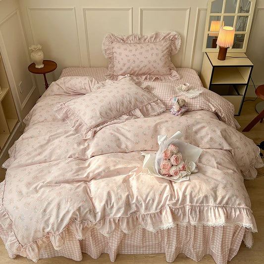 Korean Princess Style Ruffles Flower Print Bedding Set Duvet Cover Set Bed Skirt Bedspread Pillowcases 100% Cotton Home Textile.
