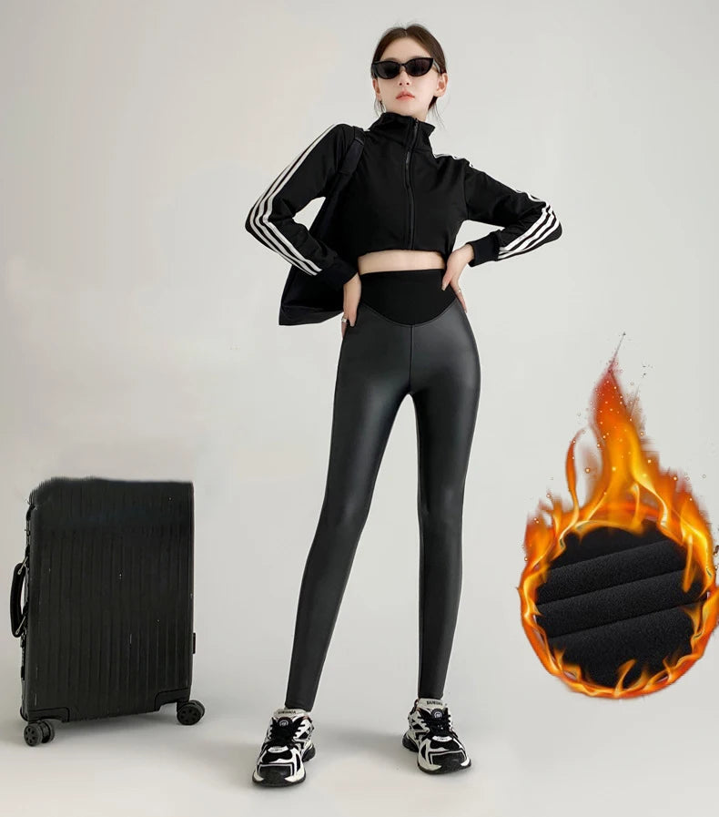 BIVIGAOS Herbst Neue Enge Stretch Leder Hosen Frauen Sharkskin Hohe Taille Spleißen PU Leder Fleece Sexy Leggings Winter Warm.
