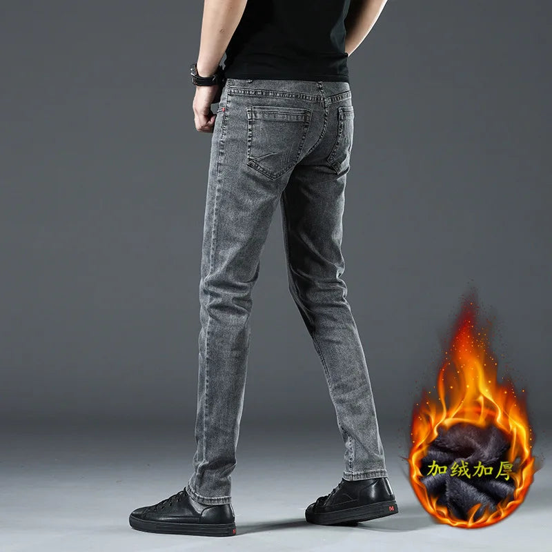 Winter Thick Plus Velvet Men Middle Waist Skinny Jeans Simple Fleece Warm Slim Fit Stretch Boy Casual Denim Pencil Pants.
