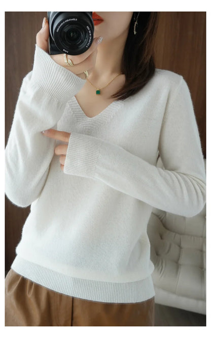 Neue Kaschmir frauen V-ausschnitt Pullover Spitze Neck Aushöhlen Design Beiläufige Gestrickte Lange Hülse frauen Pullover Herbst Und winter