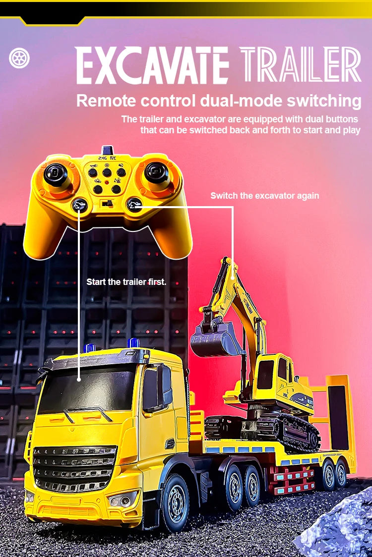 2 In 1 Rc Truck Combination Set Trailer Flat Trucks with 11Ch Excavator Engineer Vehicle 2.4G Remote Control Car Christmas Gifts.