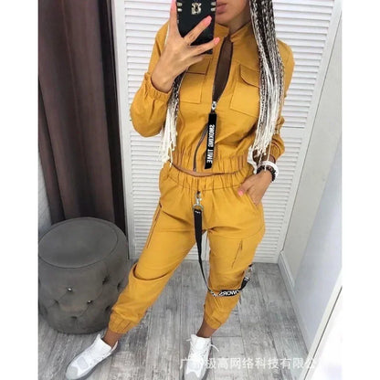 New Women Fashion Casual Autumn Winter 2pcs Clothes Set Pockets Zipper Long Sleeve Top Elastic Waist Pants Cargo Solid Color.