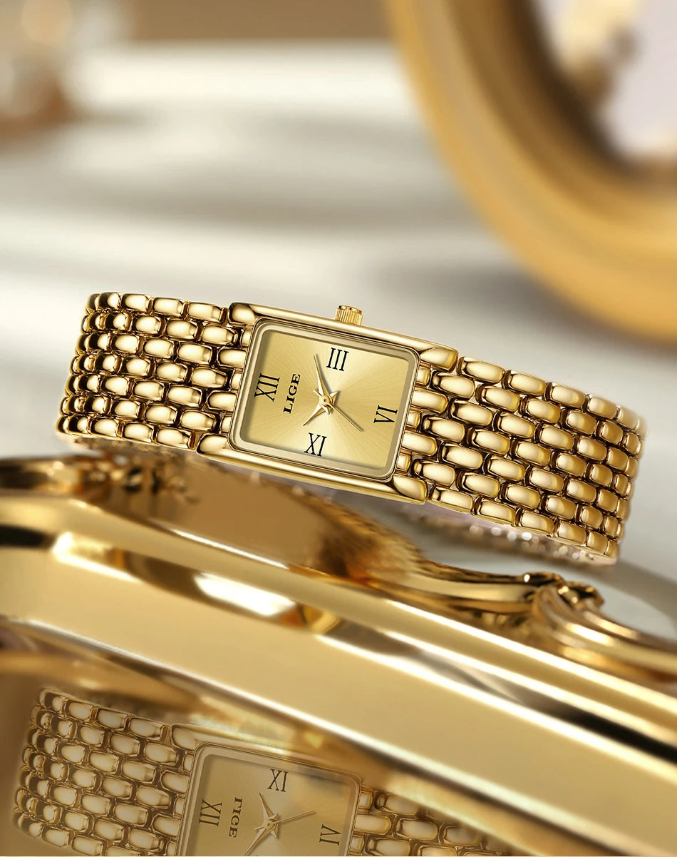 LIGE Silver Watch for Women Square Ladies Quartz Wristwatches Stainless Steel Women Small Gold Watch Luxury Casual Fashion Watch.