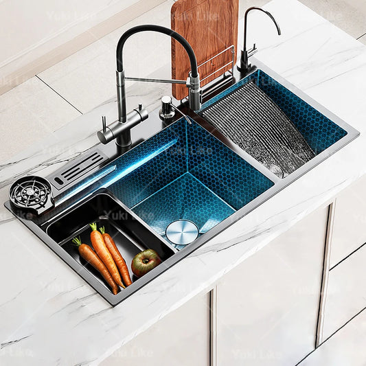Stainless Steel Kitchen Sink Large Double Slot Waterfall Outlet Convenient for Dish and Vegetable Washbasin