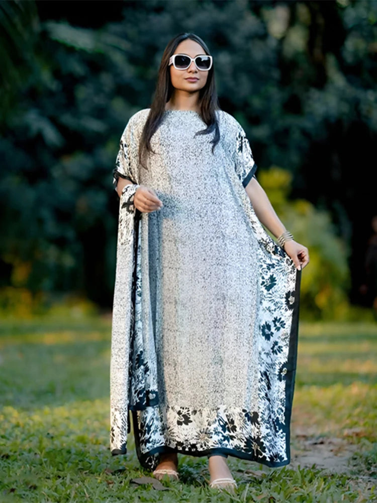 New Malaysian Muslim Print Dress Women Loose Arabic Long Maxi Dress Summer Sunscreen Cool Abaya Beach Hijab Dress Plus Size.