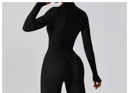 Fall New Style Long Sleeve Zipper Tight Butt Enhancing One Piece Fitness Pants Women Running Sports Training Yoga Black