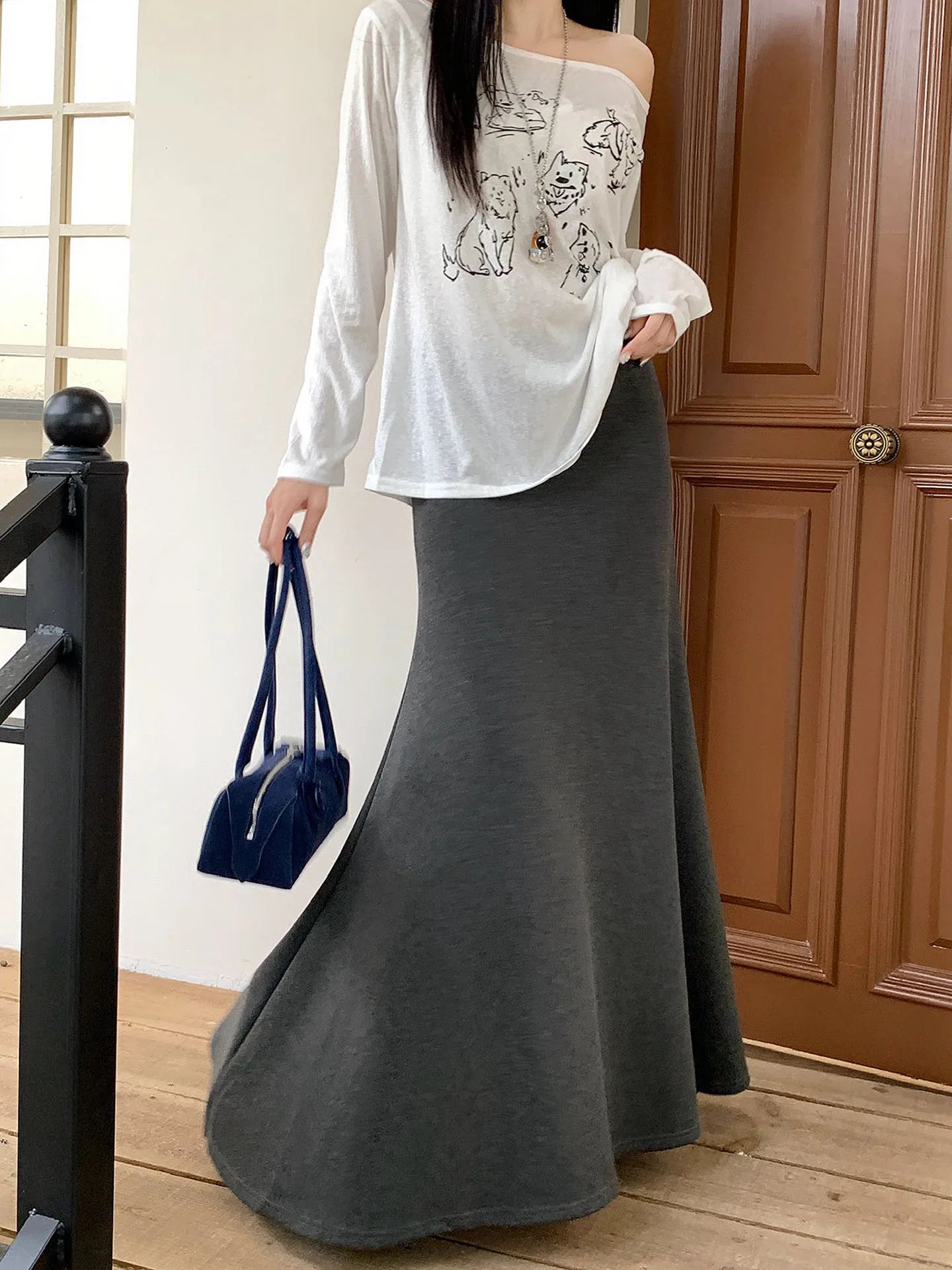 high quality Korean-style  trumpet skirt women waist fall  design knitted long skirt female.