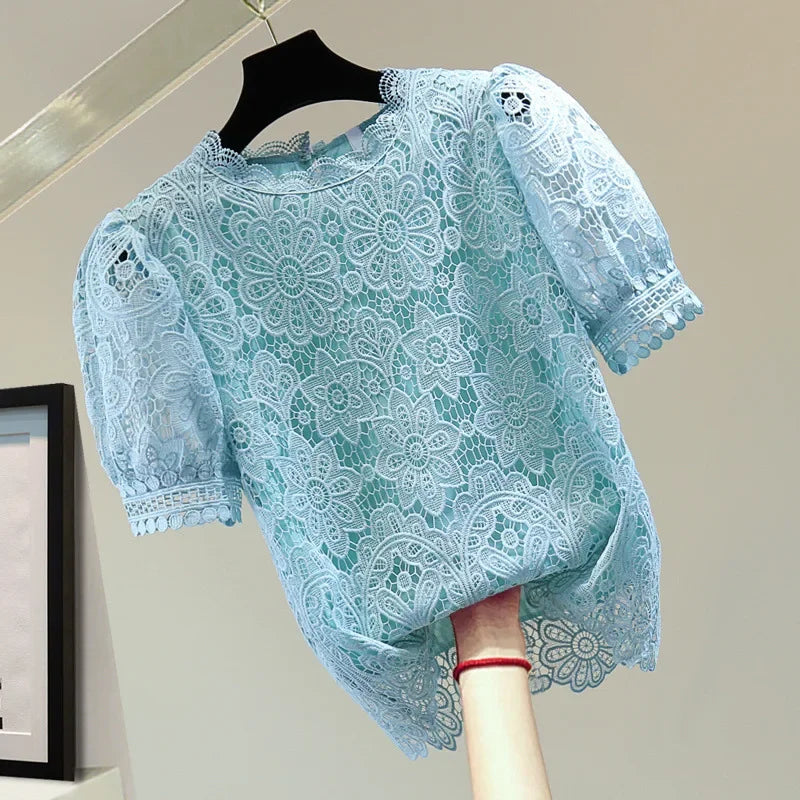 Loose Straight Korean Style Summer Top Pure Color Hooked Hollow out Ladies Lace Shirt Overhead Bubble Sleeve Women's Fashion.