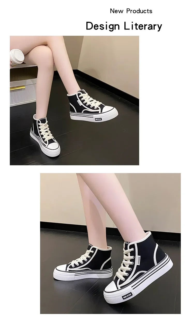Maogu Women Autumn 2023 New Fashion Thick Platform Leisure Sports Shoe White Sneakers Breathable Casual High Top Canvas Shoes 40.
