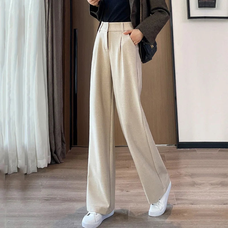 2024 Autumn Winter Women Concise Woolen Pants Lady Wide Leg Designer Outside Trousers Female Thicken High Waisted Draping Pants.