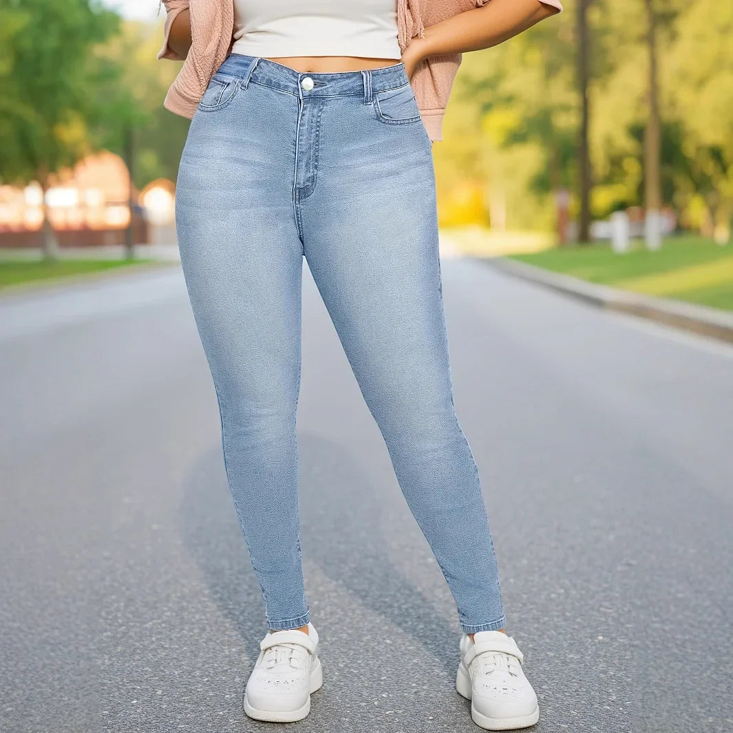Classic Elastic Slim Fit Denim Jeans Mid Waist Cotton Blue Jeans Women's plus Size Jeans Fashionable Versatile Light Blue.