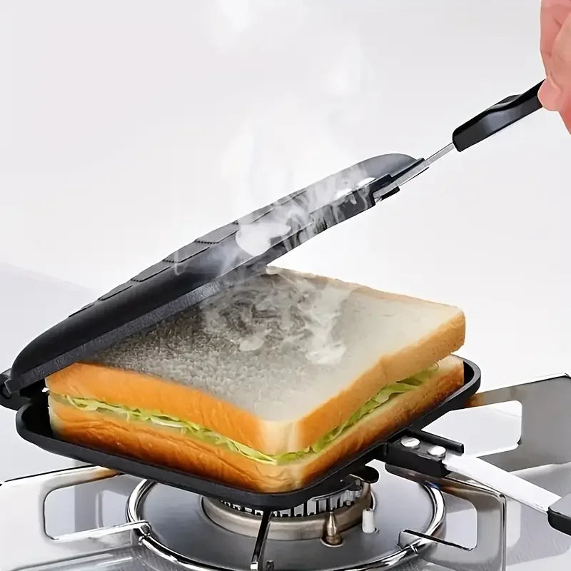 Non-Stick Camping Sandwich Panini Maker with Handle, Double Sided Frying Pan Detachable Grilled Sandwich Flip Pan.