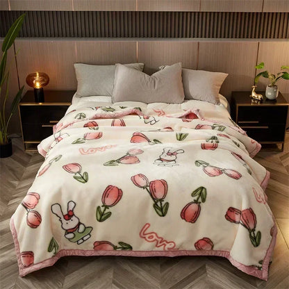 Double Sided Printed Autumn Winter Blankets for Bed Soft Warm Encrypted Flocking Raschel Blanket Skin Friendly Weighted Blanket