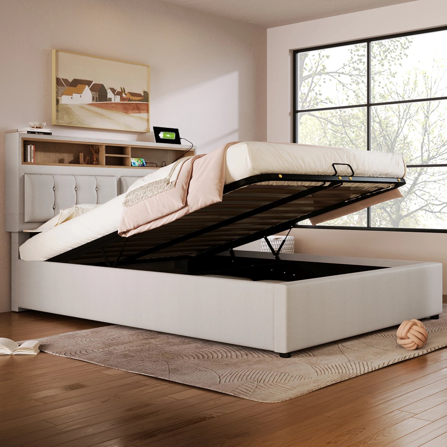 KOMHTOM Polsterbett Doppelbett Jugendbett Leinen - USB C Steckdose Ladefunktion im Kopfteil, Stauraumbett, ohne Matratze