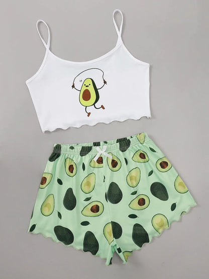 Avocado Print Leibchen mit Shorts Set Nachtwäsche Frauen Sommer Pyjamas Casual Sexy Dessous Nachthemd Homewear Unterwäsche.