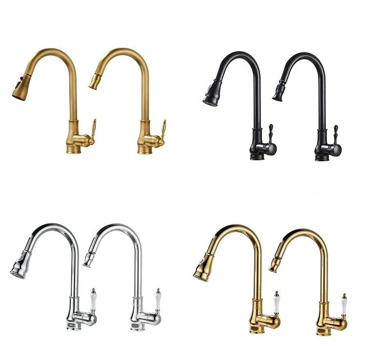 Antique Brass Kitchen Faucet Pull Out Spout Kitchen Faucets Black Single Hole Swivel Hot Cold Water Kitchen Mixers Taps