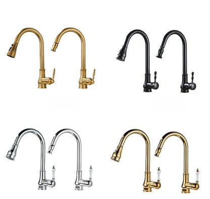 Antique Brass Kitchen Faucet Pull Out Spout Kitchen Faucets Black Single Hole Swivel Hot Cold Water Kitchen Mixers Taps