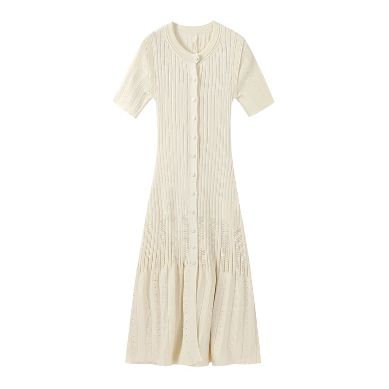 Frauen solide plissierte Saum Patchwork langes Kleid elegante Rundhals ausschnitt kurze Ärmel einreihige Dame Roben 2024 Sommer Streetwear.