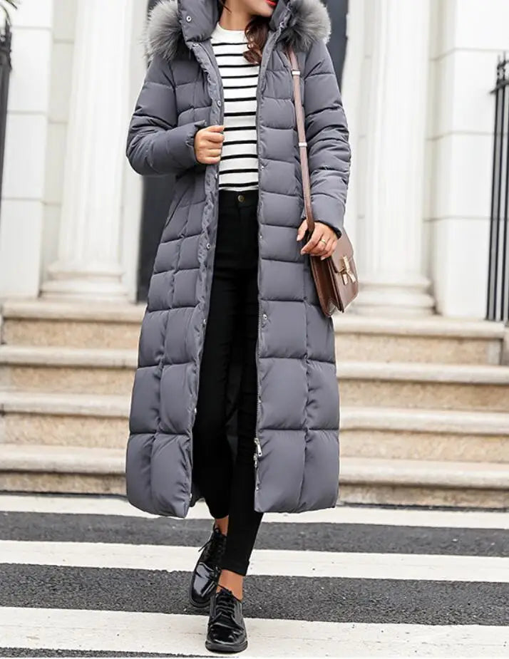 Neue Wintermode Langarm Pelzkragen Reißverschluss Einfarbig Slim Fit Lange Version Dicke Daunenjacke Mit Kapuze Für Frauen, 6 Farben.