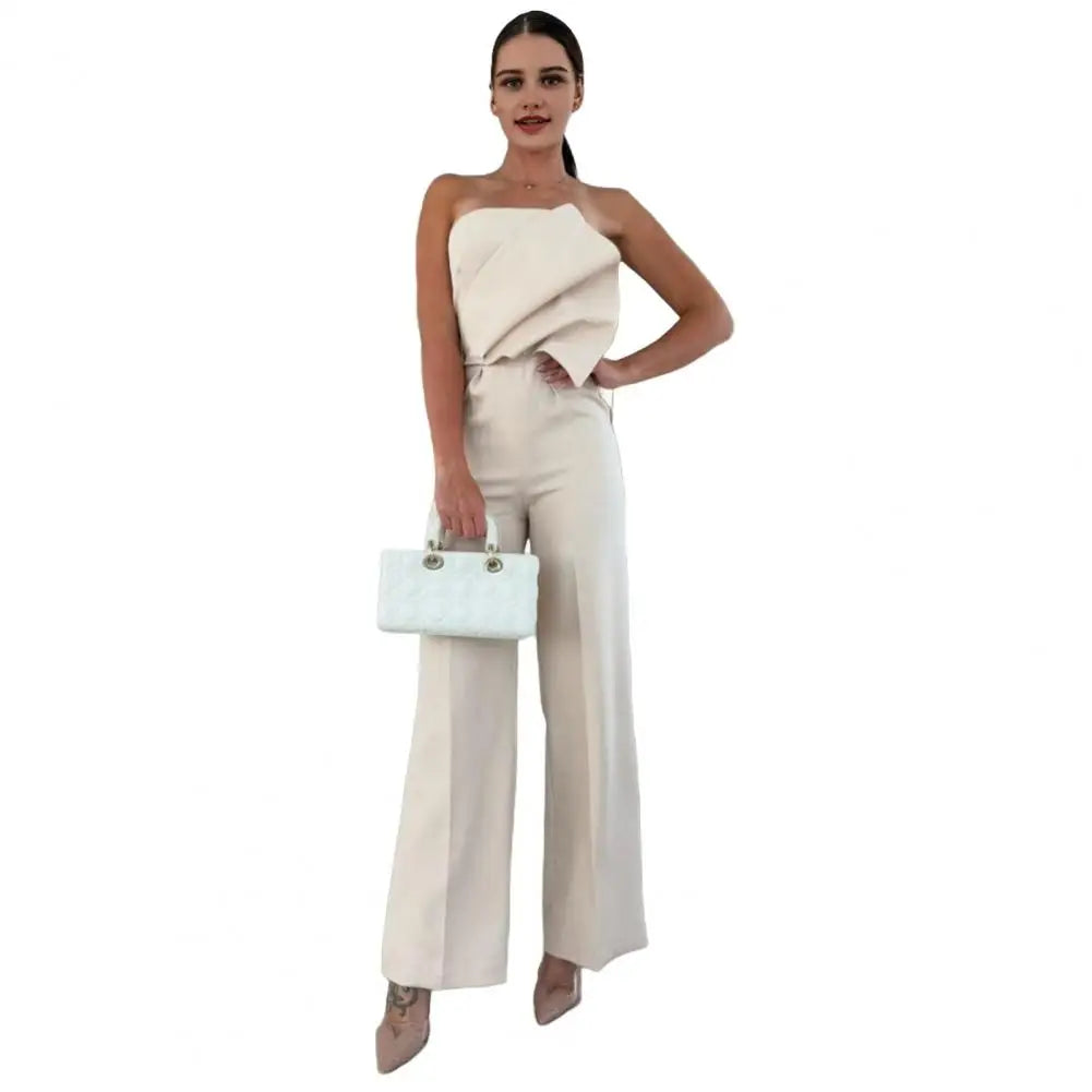 Neck-lengthening Jumpsuit Elegant Women's Strapless Jumpsuit Stylish Off Shoulder Romper with High Waist Wide Leg Chic for Women.