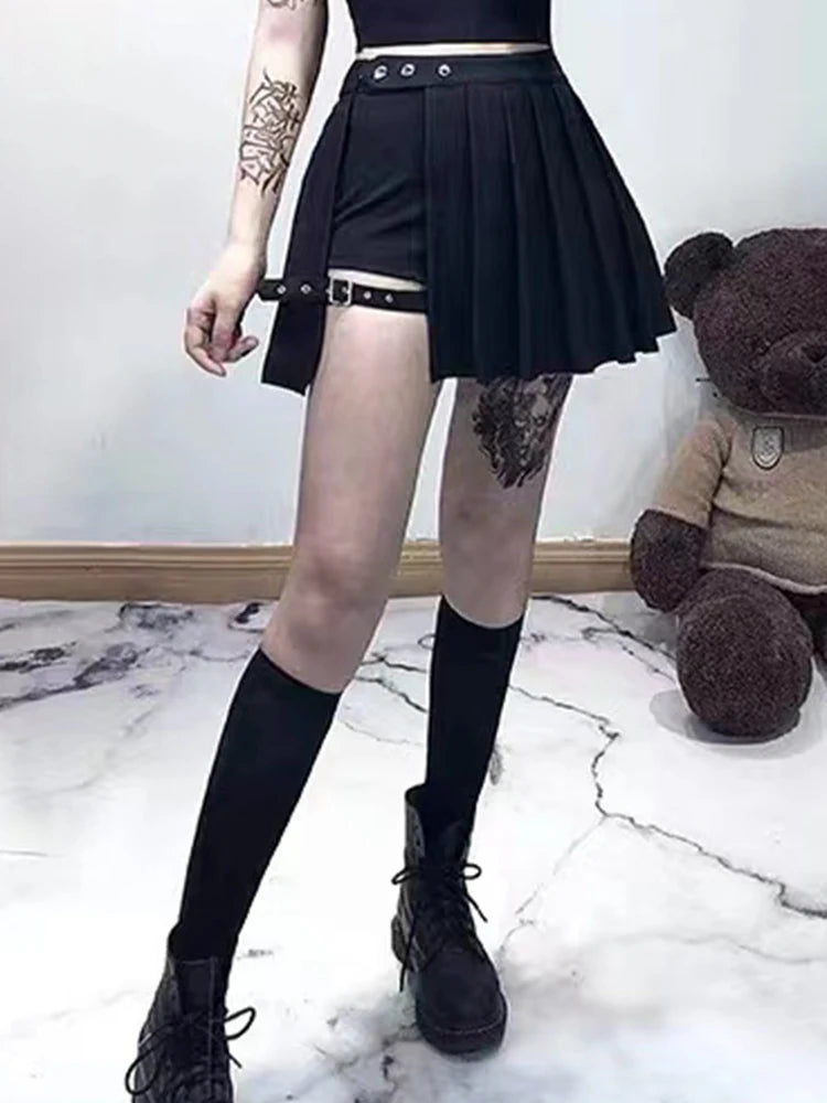 AltGoth Punk Mall Goth Shorts Skirt Women Y2k E-girl Streetwear Harajuku Leg Ring Buckle Detachable High Waist Emo Alt Clubwear.