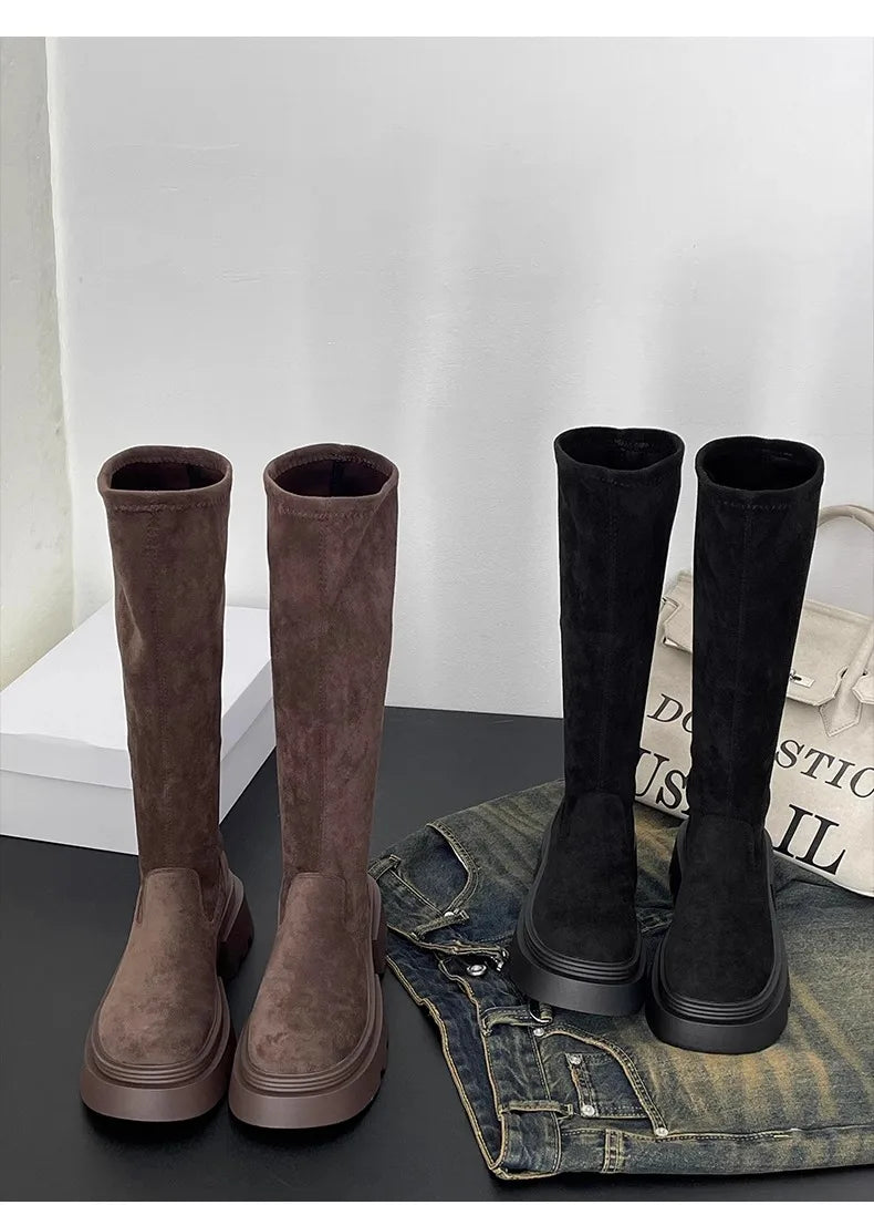 Winter Platform Punk Style Woman Knee High Boot Concise Slip On Elastic Slim Shoes Ladies Thick Bottom Knight Long Booties.