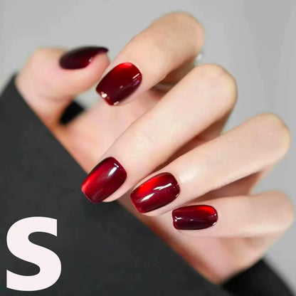 10PCS S/M/L red cat eye short square fake nailsart set with removable fake nails for festivals.