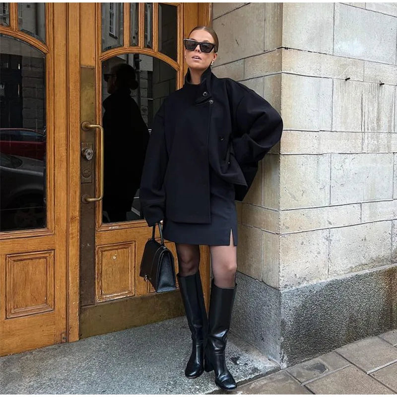 Straße Batwing Hülse Cape Gürtel Mäntel Frauen Lose Solide Stehkragen Einreiher Jacke 2025, Herbst Dame Alle-spiel chic Mantel