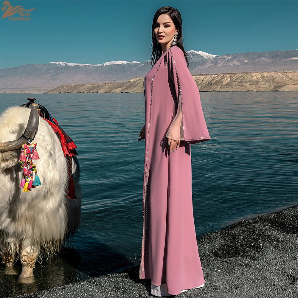 Eid Diamonds Abayas for Women 2025 Fashion Muslim Dress Dubai Open Abaya Kebaya Kimono Jalabiya Caftan Marocain Femme Robe Gown.