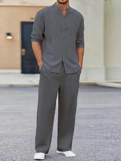 Summer Men's Two Pieces Casual Outfit Loungewear Solid Color Long Sleeves Shirt Breathable Trousers Suits Men Loose Streetwear.