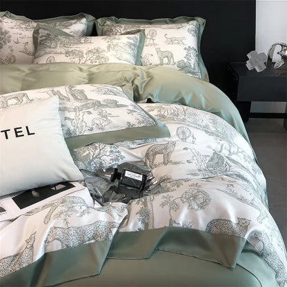 Soft Silky Skin Friendl natural Eucalyptus Fiber Lyocell Bedding Set Forest Plants Leopard Duvet Cover Set Bed Sheet Pillowcases.