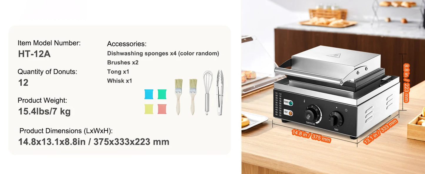 SucceBuy 6/12 Hole Electric Donut Maker Commercial Doughnut Machine with Non-stick Surface Double-Sided Heating Waffle Machine.