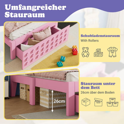 Jugendbett mit kreativem Blockdesign, Gestell aus Massivholz mit Gitterrost, mit Stauraum unter dem Bett, ohne Matratze