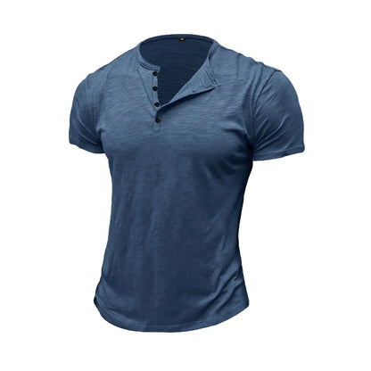 Summer Men's Cotton T-shirt Short-sleeve Henley Collar Casual Solid Color Button Tees Polo High Quality Male Cozy T-shirts.