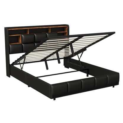 Lazyspace PU-Doppelbett, LED-Beleuchtung und hydraulischem Bettrahmen mit Stauraum, Wohnmöbel-Polsterbett, 140/160 x 200 cm