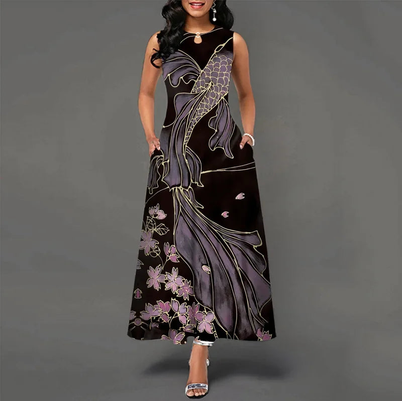 Blumendruck Neues lässiges ärmelloses langes Kleid Damen V-Ausschnitt bedrucktes Kleid Swing Bohemian Retro Kleider