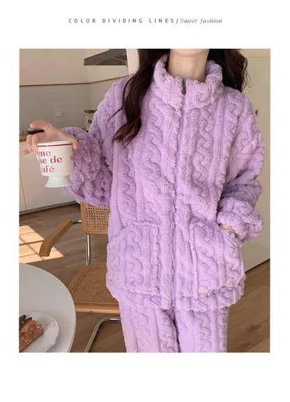 Große Größe Flanell Pyjama Set Herbst Winter Weibliche Nachtwäsche Hosen Anzug Verdicken Korallen Fleece Hohe Kragen Lounge Tragen Homewear