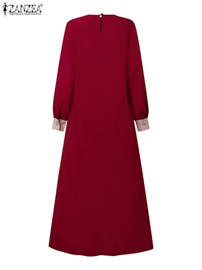 ZANZEA Mode Frauen Langarm Muslimischen Abaya Kleid Frühling Patchwork Maxi Kleider Robe Femme IsIamic Vestidos Lace Up Sommerkleid.