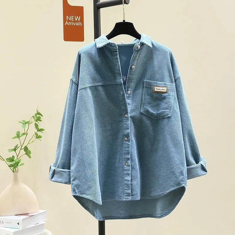 2023 frühling Herbst Cord Langarm-shirt für Frauen Koreanische Ausgabe Casual Mode Medium länge Shirts Weibliche Outwear Tops