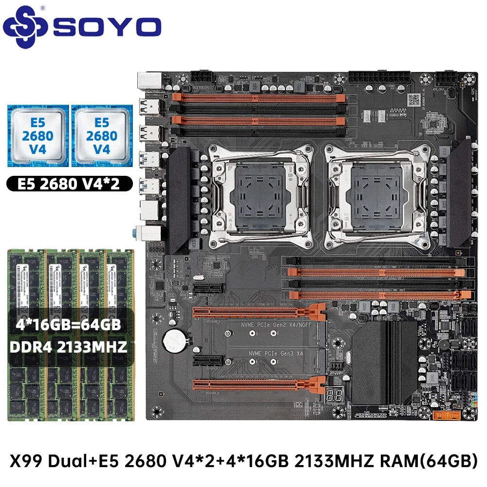 SOYO NEW X99 Dual CPU Motherboard Kit lntel Xeon E5 2680 V4&DDR4 64GB (4*16GB) LGA2011-3 M.2 NVME for Desktop Gaming Computer.